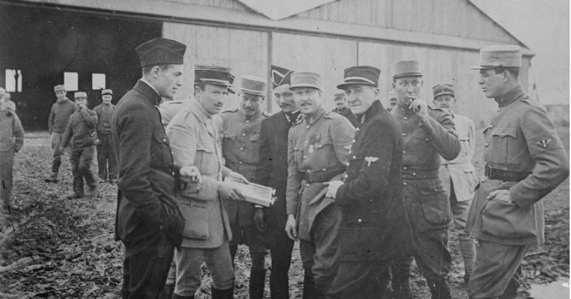 Kiffin Rockwell, Capt. Georges Thenault, Norman Prince, Lt. Alfred de Laage de Meux, Elliot Cowdin, Bert Hall, James McConnell and Victor Chapman (left to right).