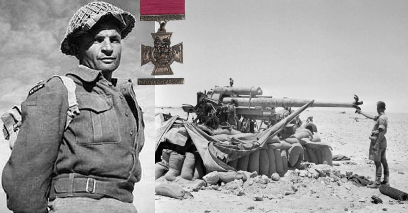 Left: Charles Upham in NZ field uniform. Zydor - CC BY-SA 3.0. Right: A German 88mm anti-tank gun captured and destroyed by New Zealand troops near El Alamein, 17 July 1942.