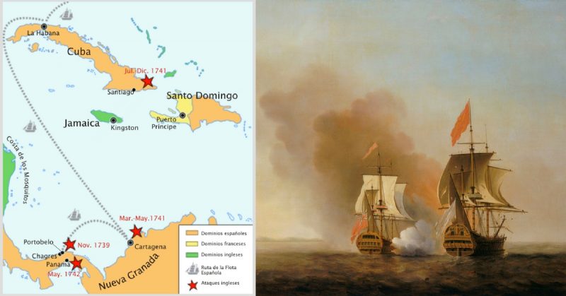 Left: British operations in the Caribbean Sea during the War of Jenkins' Ear. Photo credit: Frank Schulenburg - CC BY-SA 3.0. Right: George Anson's capture of a Manila galleon, painted by Samuel Scott before 1772.