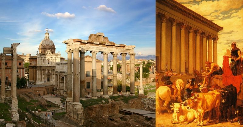 Left: Forum Romanum. Stefan Bauer, CC BY-SA 2.5. Right: The Sack of Rome by Évariste Vital Luminais. New-York, Shepherd Gallery.