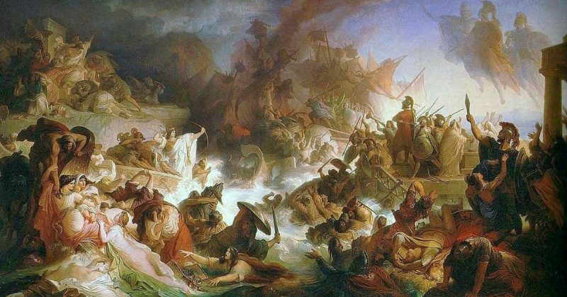 A romantic version painting of the battle of Salamis by artist Wilhelm von Kaulbach.