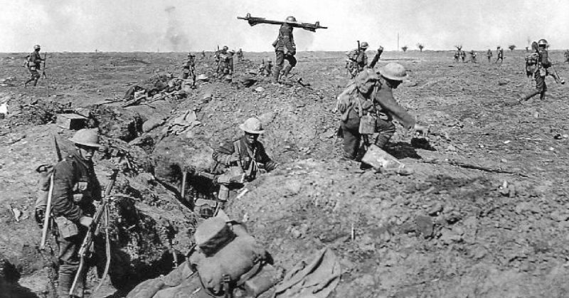 British infantry advancing in support during the Battle of Morval, 25 September 1916, part of the Battle of the Somme.