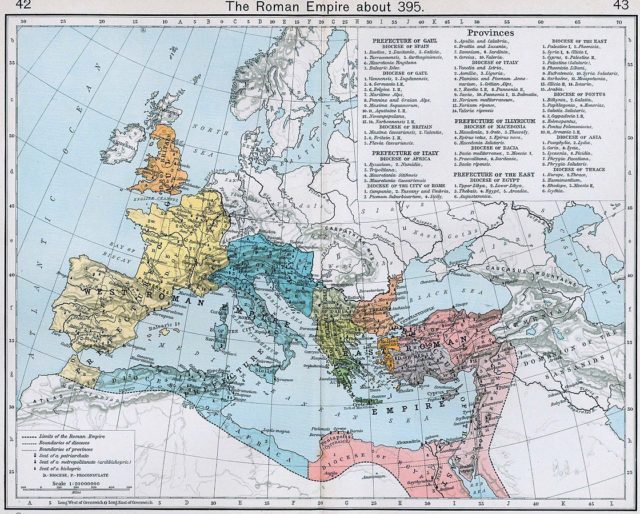 The administrative divisions of the Roman Empire in 395, under Theodosius I.