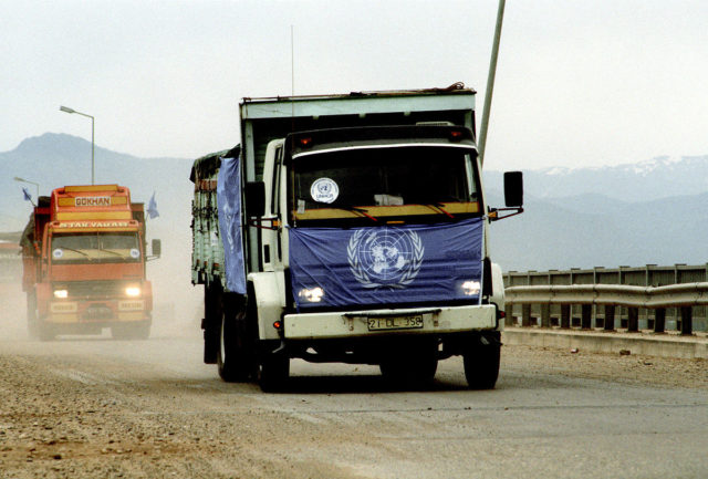 UNHCR trucks with aid supplies for Kurdish refugees, 29 April 1991.