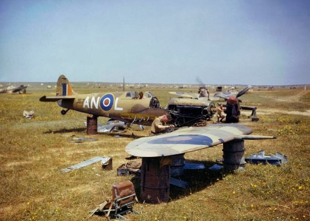 A crashed RCAF Spitfire being dismembered for parts, Tunisia, 1943. © IWM (TR 1009)