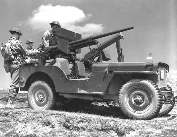 Jeeps were often times mounted with weapons, pictured is a 37mm canon (very rare) and a machine gun.