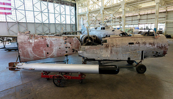 The outer wing (left) and forward fuselage (right) of the Nakajima B5N “Kate,” which is now on display at Hawaii’s Pacific Aviation Museum.