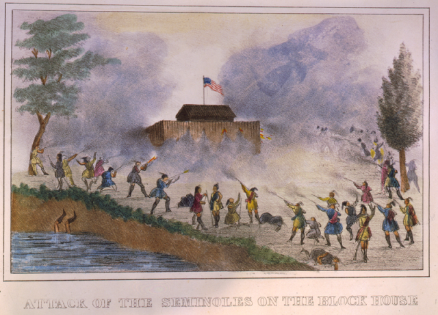 Attack of the Seminoles on the blockhouse in December 1835. By Charleston, S.C. : T.F. Gray and James - Transferred from [1], Public Domain.