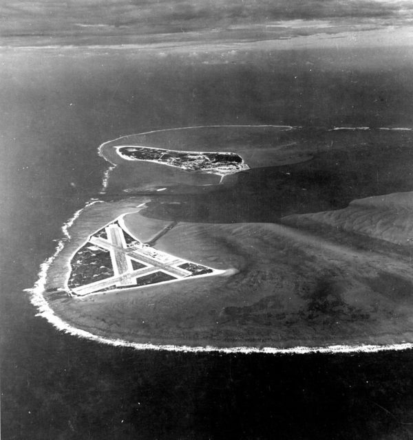 Midway Atoll, several months before the battle. Eastern Island (with the airfield) is in the foreground, and the larger Sand Island is in the background to the west.