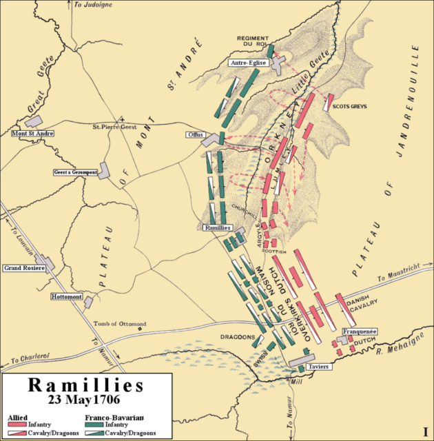 Initial attack at the Battle of Ramillies, 23 May 1706. To the south, between Taviers and Ramillies, both commanders positioned the bulk of their cavalry. It was here where Marlborough made the breakthrough.