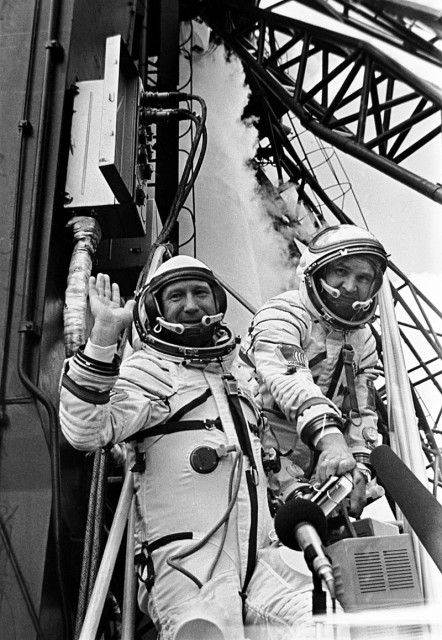 Leonov with Valery Kubasov, his Soyuz 19 crewmate (1975). By NASAUSSR Academy of Sciences - NASA Human Space Flight Gallery (image link), Public Domain