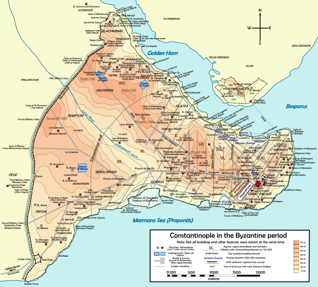 Topographical map of Constantinople during the Byzantine period. By Cplakidas - Own work, CC BY-SA 3.0.