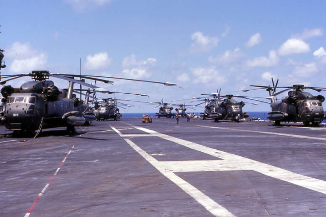 USAF HH-53 helicopters on the deck of USS Midway during Saigon Evacution