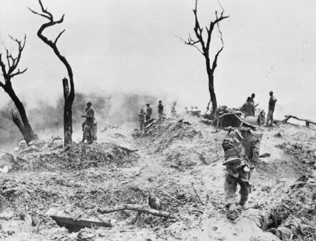 Fighting on a bombed out hillside during the Battle of Imphal via commons.wikimedia.org