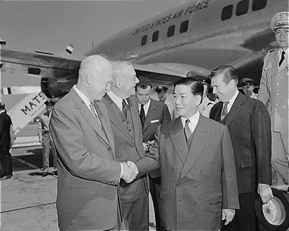 U.S. President Dwight D. Eisenhower greets South Vietnam's President Ngo Dinh Diem, whose rise to power was backed by the United States, according to the Pentagon Papers. By Department of Defense. Department of the Air Force. NAIL Control Number: NWDNS-342-AF-18302USAF
