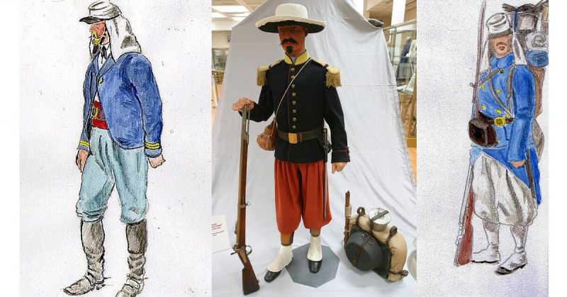 Left: Sous-lieutenant in Mexico, 1865-7, Center: Campaign uniform of a French Foreign legionary during the Mexican campaign ,Right: Grenadier in Mexico, 1866.
