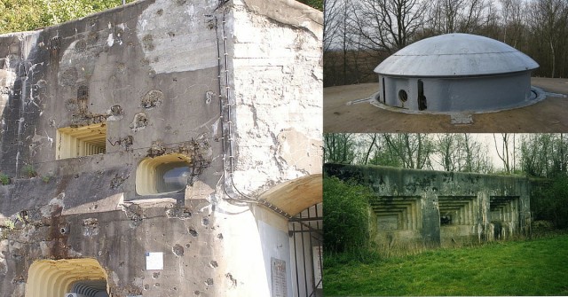 Left: Bullet damage on the fortifications at Eben-Emael, By Anton Raath from Leuven, Belgium CC BY-SA 2.0, RIght top: A retractable 75 mm gun turret at Fort Eben-Emael, By Wasily - Own work, Public Domain. Right bottom: One of the Fort Eben-Emael's casemates, "Maastricht 2"By Scargill - Own work, CC BY-SA 3.0