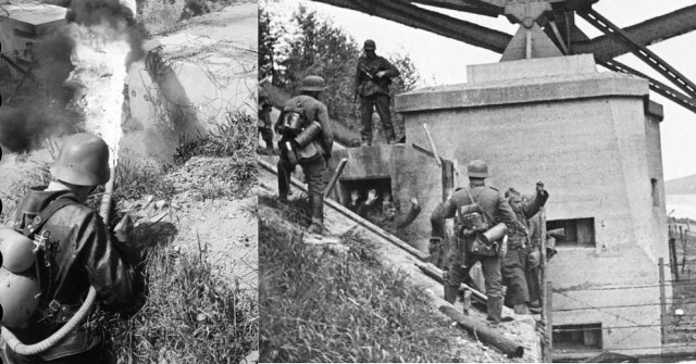 Left: A German Soldier with a flamethrower attacks a Belgian bunker.Door Bundesarchiv, Bild 101I-299-1808-15A / Scheck / CC-BY-SA 3.0, CC BY-SA 3.0 de Right: Belgian soldiers surrender to German paratroopers at the bridge at Veldwezelt, 11 May 1940. By Bundesarchiv, Bild 146-1974-061-017 / CC-BY-SA 3.0, CC BY-SA 3.0 de, 