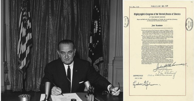 President Johnson as he signs the resolution on August 10, 1964. By Cecil W. Stoughton - U.S. National Archives and Records Administration, Public Domain. Left: Joint Resolution of Congress. By United States Congress - Public Domain. 