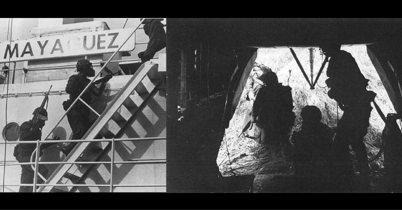 Aerial surveillancs showing two Khmer Rough gunboats during the initial seiziing of the SS Mayaguez.