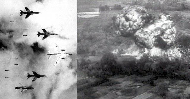 Left: US bombers dropping bombs on North Vietnam during Operation Rolling Thunder. By Lt. Col. Cecil J. Poss, 20th TRS on RF-101C, USAF. - Public Domain. Right: The French Aviation navale drops napalm over Viet Minh guerrilla positions during an ambush (December 1953). By Warner Pathé News - Public Domain.