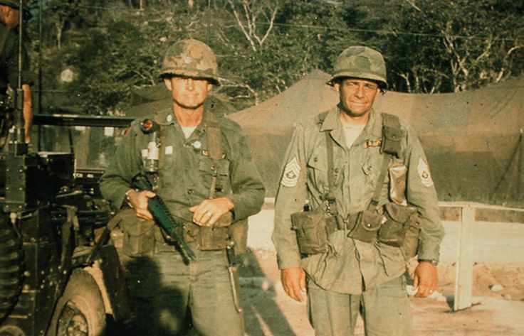 LTC Hal Moore and Sgt. Major Basil Plumley, the day they returned from the Ia Drang battle, 1965. 