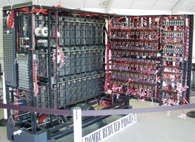 A complete and working replica of a bombe at the National Codes Centre at Bletchley Park. Photo Credit.