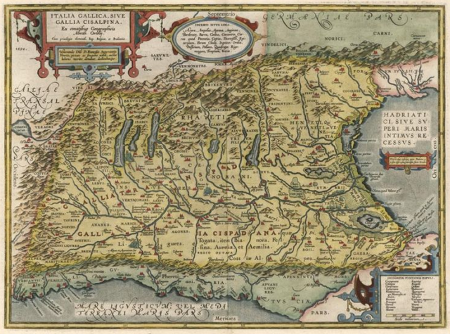 Map of Cisalpine Gaul, extending from Venice on the Adriatic, to Pisa and Nice on the Mediterranean, to Lake Geneva in the west, and the Alps in the North, from Abraham Ortelius' Theatrum Orbis Terrarum, the first modern atlas of the world. Antwerp, 1608.