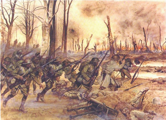 Harlem Hellfighters in action. Here, the men of the 369th are depicted wearing the American and British Brodie helmet; however, after being detached and seconded to the French, they wore the Adrian helmet, while retaining the rest of their American uniform. This particular image displays the action at Séchault, France on 29 September 1918 during the Meuse-Argonne Offensive. They would have worn the American Brodie helmet at this time.