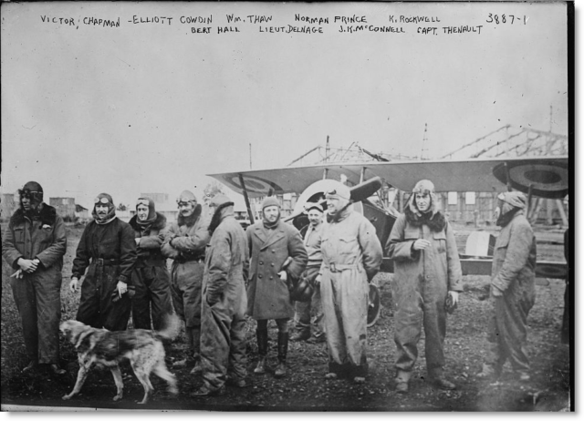 Lafayette Escadrille pilots with Fram and a Nieuport 16, March 1916. Pilots L-R: Sergeant Victor Emmanuel Chapman of New York City, New York); Sergeant Elliott Christopher Cowdin II of New York City, New York; Adjutant Bert Hall of Missouri, USA; Lieutenant William Thaw II of Pittsburgh, Pennsylvania; Lieutenant Alfred de Laage de Meux of Clesse, Deux Sèvres, France; Sous-Lieutenant Norman Prince of Boston, Massachusetts; Sergeant James Rogers McConnell of Carthage, North Carolina; Sergeant Kiffin Yates Rockwell of Asheville, North Carolina; Captain Georges Thenault of Paris, France, and Fram-Captain Thenault's "bon chien".