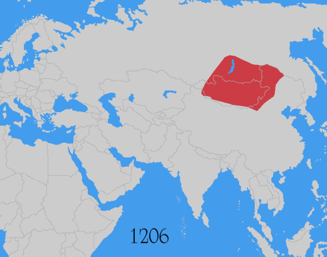 Map showing changes in borders of the Mongol Empire from founding by Genghis Khan in 1206, Genghis Khan's death in 1227 to the rule of Kublai Khan (1260–1294). (Uses modern day borders). Image Credit.