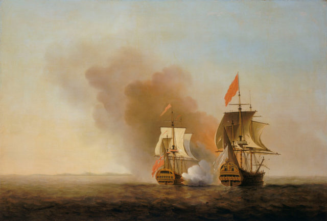 George Anson's capture of a Manila galleon, painted by Samuel Scott before 1772.