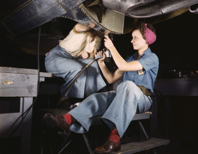 Women at work on bomber, Douglas Aircraft Company, Long Beach, California (1942)
