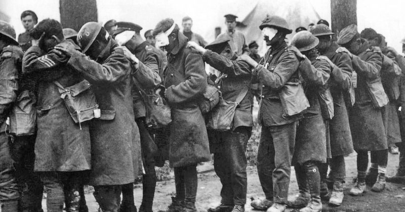 British troops blinded by tear gas during the Battle of Estaires, 1918.