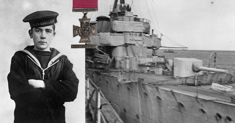 Left: John Travers Cornwell, Boy 1st class (1900–1916) by Ambrose McEvoy. Right: Jack Cornwell's gun, HMS Chester.