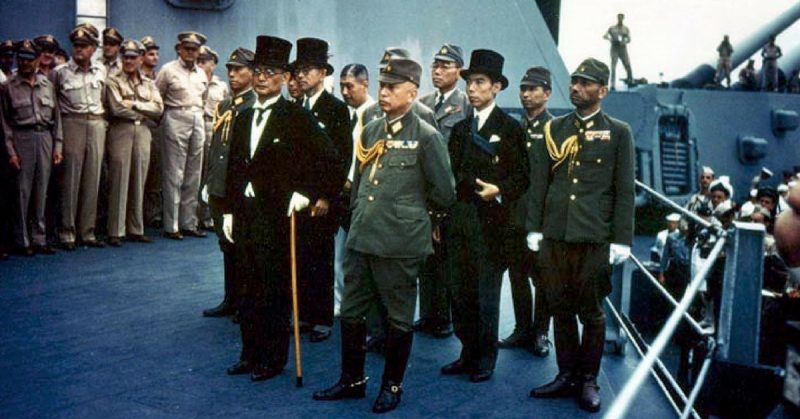 Representatives of the Empire of Japan stand aboard USS Missouri prior to signing of the Instrument of Surrender.