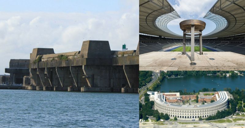 Left: Keroman III. Top-Right: View of the Olympic cauldron from the Marathon Gate. Bottom-Right: Kongresshalle in 2009.  Bundesarchiv - CC BY-SA 3.0