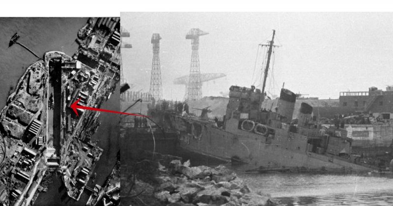 Left: The Normandie Dock months after the raid. The wreck of HMS Campbeltown can be seen inside the dry dock. Right: HMS Campbeltown wedged in the dock gates. Note the exposed forward gun position on Campbeltown and the German anti-aircraft gun position on the roof of the building at the rear. Bundesarchiv - CC BY-SA 3.0 de