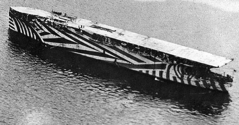 HMS Argus displaying a coat of dazzle camouflage in 1918.