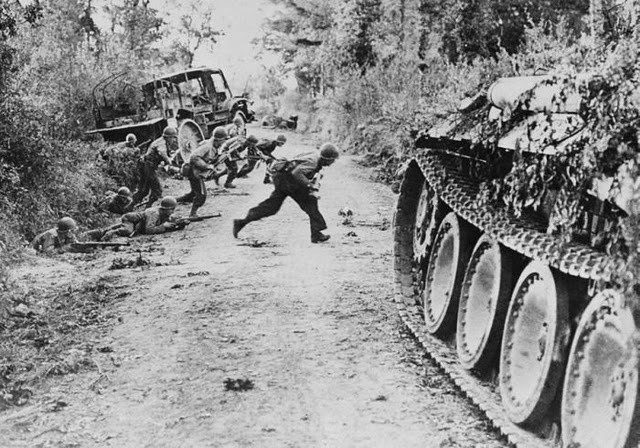 Heavy fighting in the hedgerows of Normandy via commons.wikimedia.org