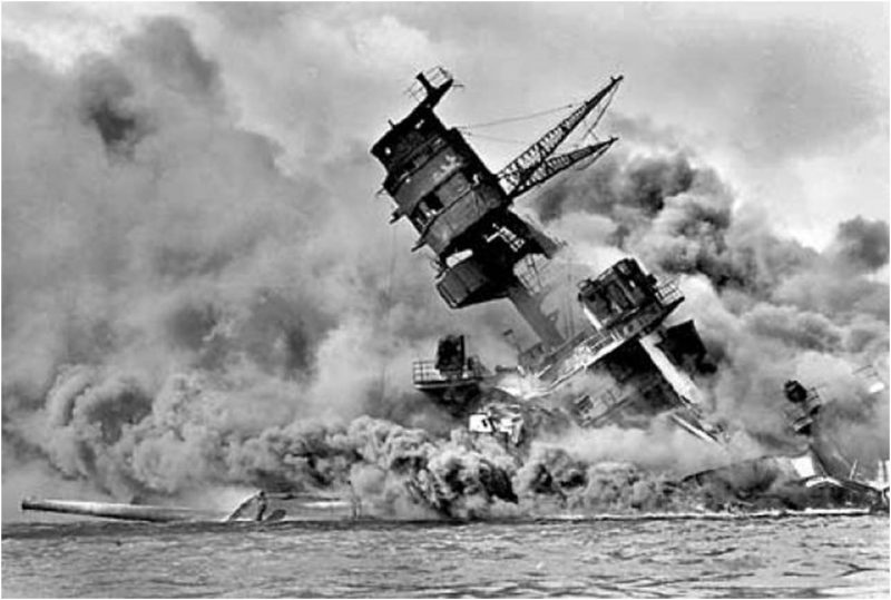 Pearl Harbor's USS Arizona burning on December 7, 1941