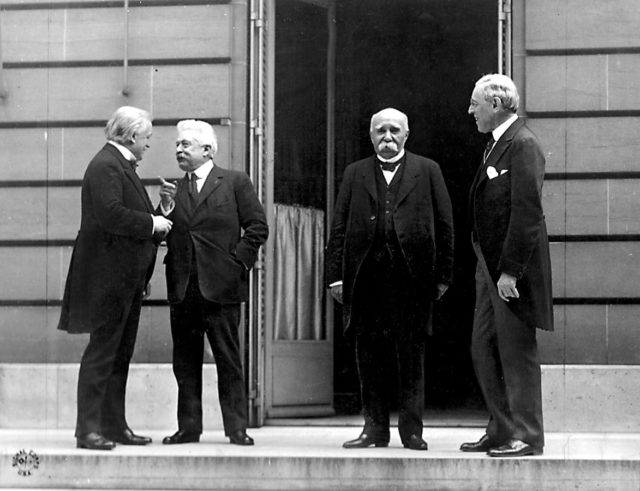 Council of Four at the WWI Paris peace conference, May 27, 1919. From left: Prime Minister David Lloyd George (Great Britian) Premier Vittorio Orlando, Italy, French Premier Georges Clemenceau, President Woodrow Wilson