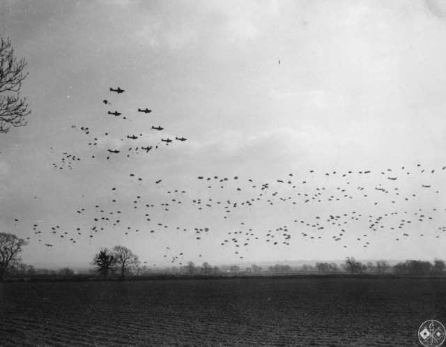C-47s dropping paratroopers of the 101st Airborne Division over England during the preparation of D-day, 1944.