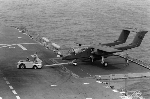 An OV-10A of VMO-1 operating from USS Nassau, 1983.