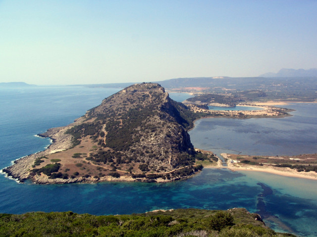 The view towards the Pylos ruins from the northern end of Sphacteria. Here the Spartans made their last stand before the light troops scaled the cliffs to reach them.