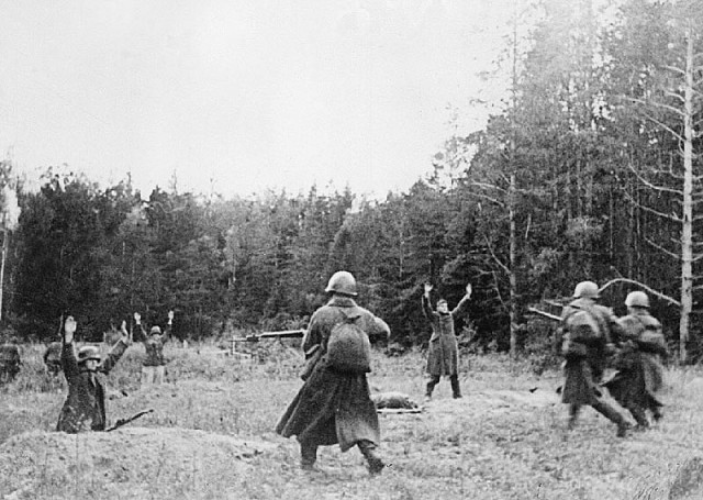 German soldiers surrender to the advancing Red Army. 1944 [via]