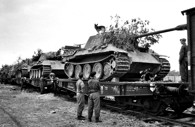 A railway transport of German Panthers to East Front. 1944 [via]