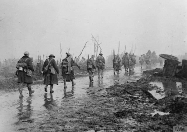 British troops coming out of the trenches near Guillemont. 27 November 1916.