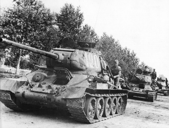 A column of Soviet T-34 [via]