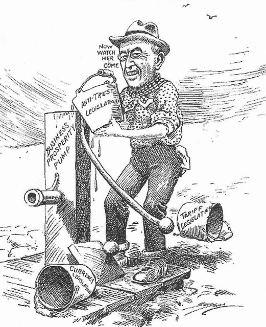 A 1914 cartoon showing Wilson improving the pump of the American economy with his New Freedom